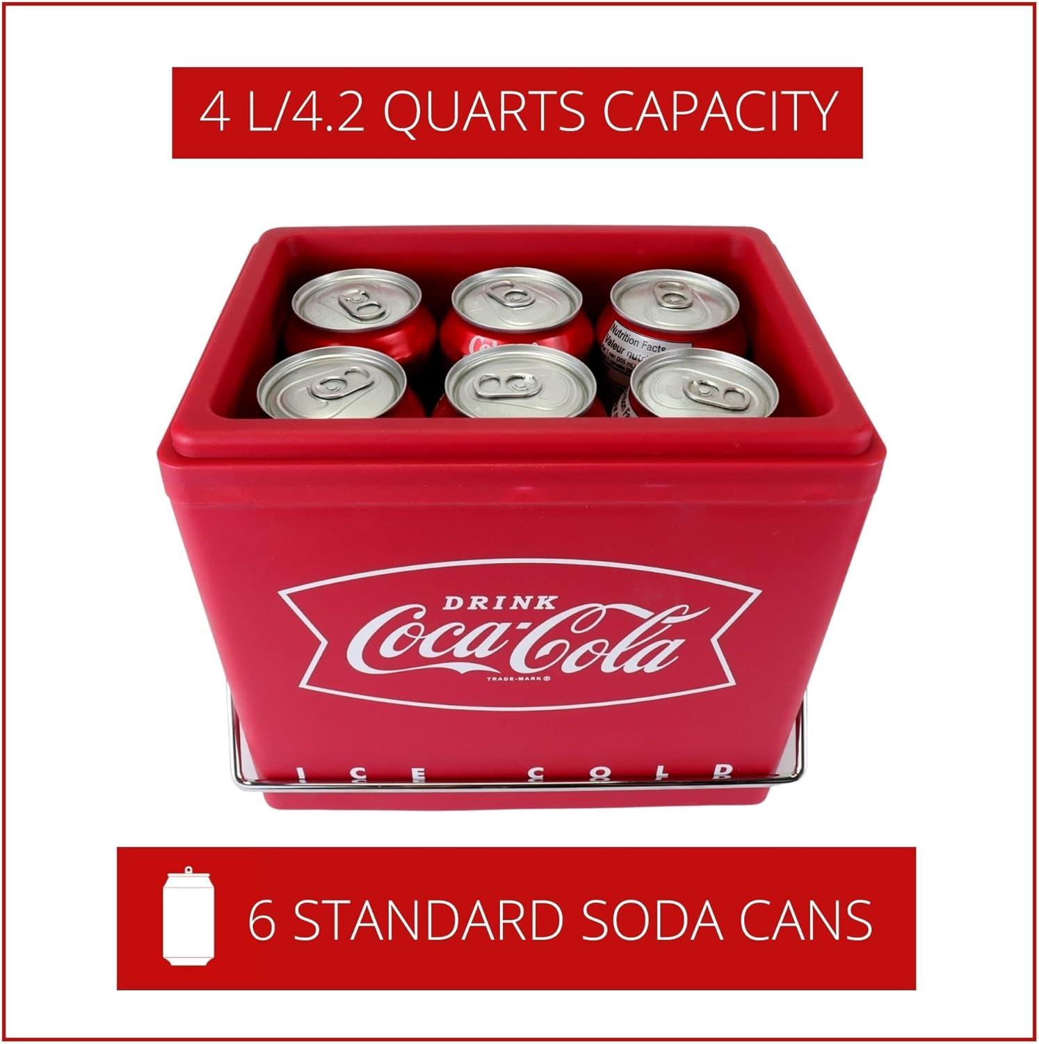 image:imageCocaCola Retro Electic Ice Chest Cooler  Portable Ice Bucket Includes 12V amp AC Cords Vintage Style Insulated for Personal Travel Camping Picnic Home Office 6 Can Ice Box 4L 42 qt