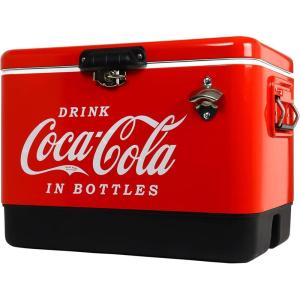 Coca-Cola Ice Chest Cooler – Portable Ice Bucket with Bottle Opener, Vintage Style, Insulated for Camping, RV, Beach, BBQs, Picnic, Tailgating, Fishing, Stainless Steel 85 Can Ice Box, 51L (54 qt)