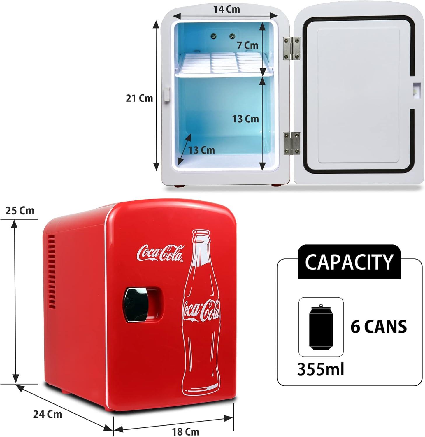 image:imageCoca Cola Mini Fridge for Bedroom Skincare Cosmatic Office 4L Small Refrigerator 6 Can Mini Dorm Fridge Portable Cooler 12V DC 110V AC Personal Travel Snacks Drinks Red