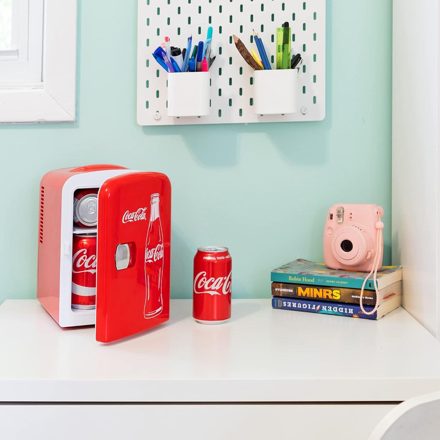 image:imageCoca Cola Mini Fridge for Bedroom Skincare Cosmatic Office 4L Small Refrigerator 6 Can Mini Dorm Fridge Portable Cooler 12V DC 110V AC Personal Travel Snacks Drinks Red