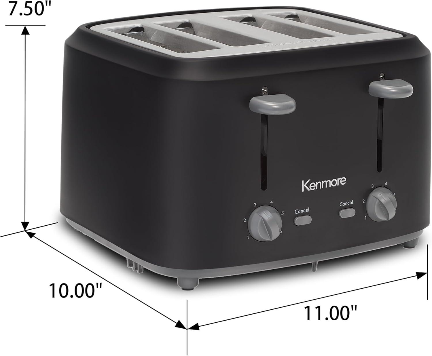image:imageKenmore 4Slice Toaster with Dual Controls Matte Black and gray Wide Slots SelfAdjusting Bread Guides Adjustable Browning 6 Shade Settings Toast Bagels Waffles English MuffinsSmall