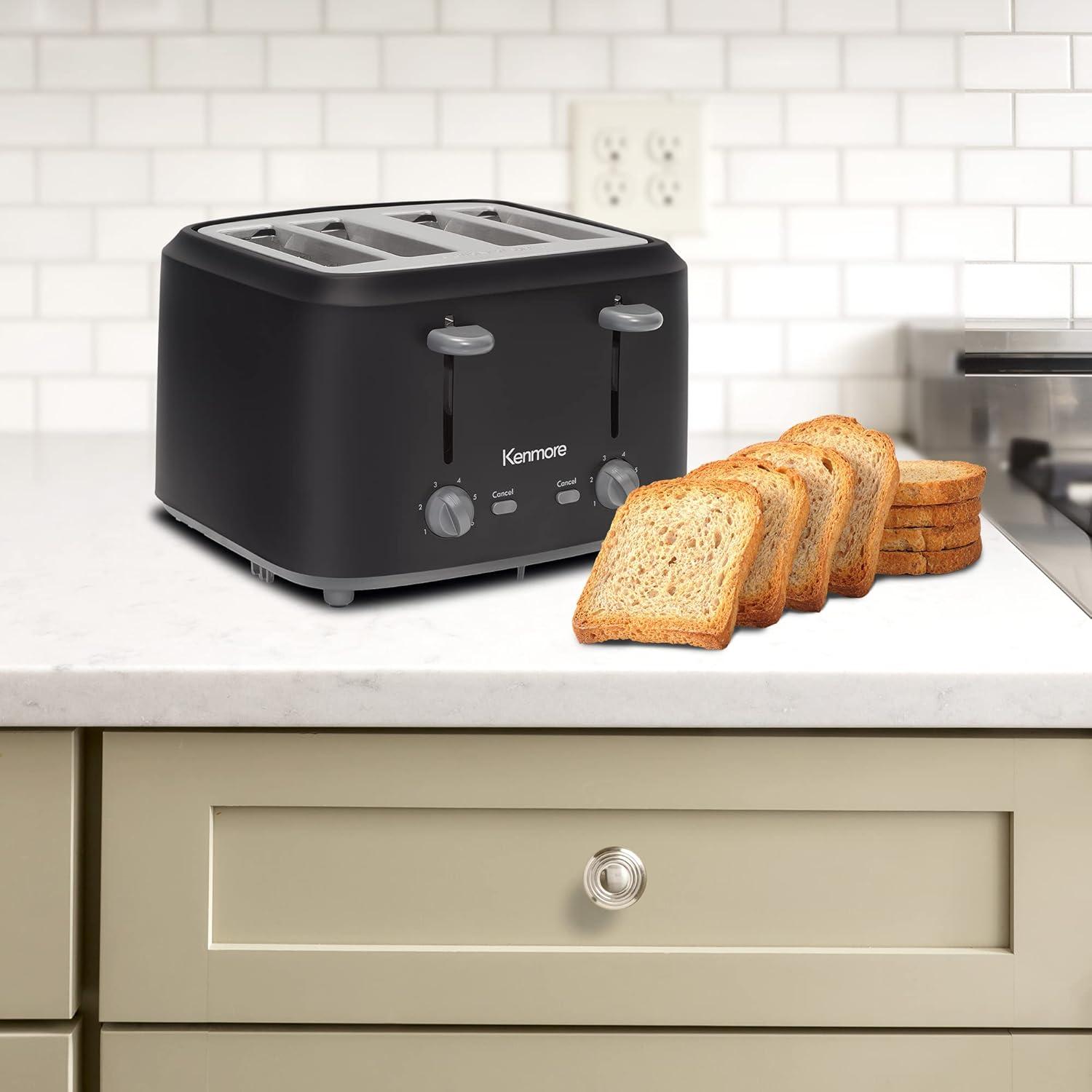 image:imageKenmore 4Slice Toaster with Dual Controls Matte Black and gray Wide Slots SelfAdjusting Bread Guides Adjustable Browning 6 Shade Settings Toast Bagels Waffles English MuffinsSmall