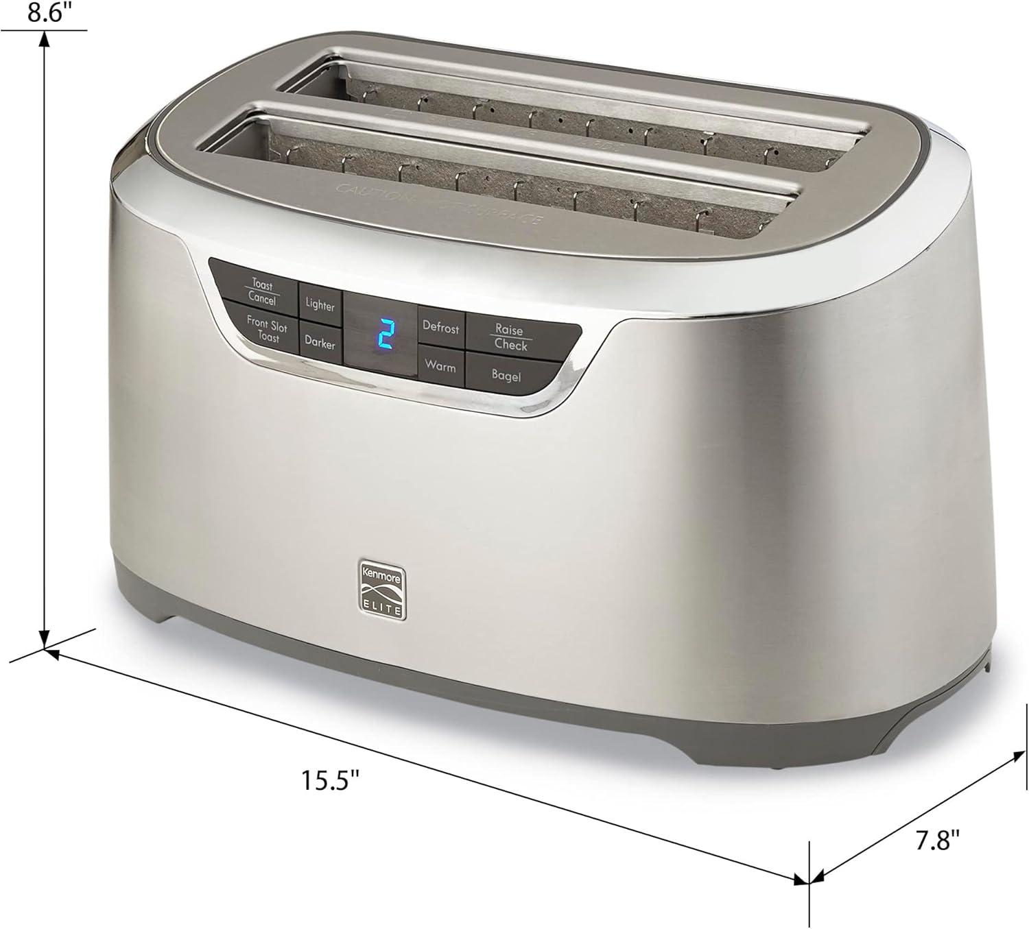image:imageKenmore Elite 4Slice Long Slot Toaster Silver OneTouch AutoLift Stainless Steel Adjustable Browning Defrost Digital Countdown Timer Retractable Cord Toast Bagels Waffles English MuffinsSilver