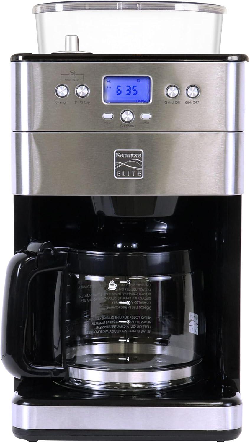image:imageKenmore Elite Grind and Brew Coffee Maker w Burr Grinder 12 Cup Programmable Automatic Timer Brew Coffee Machine AirTight Bean Hopper Grind Size and Brew Strength Selectors Stainless Steel