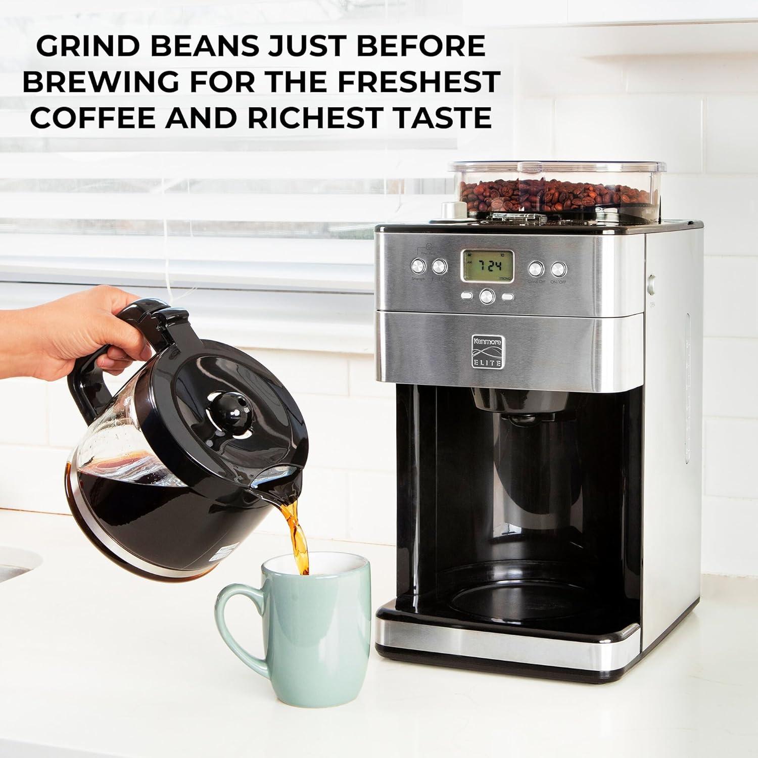image:imageKenmore Elite Grind and Brew Coffee Maker w Burr Grinder 12 Cup Programmable Automatic Timer Brew Coffee Machine AirTight Bean Hopper Grind Size and Brew Strength Selectors Stainless Steel
