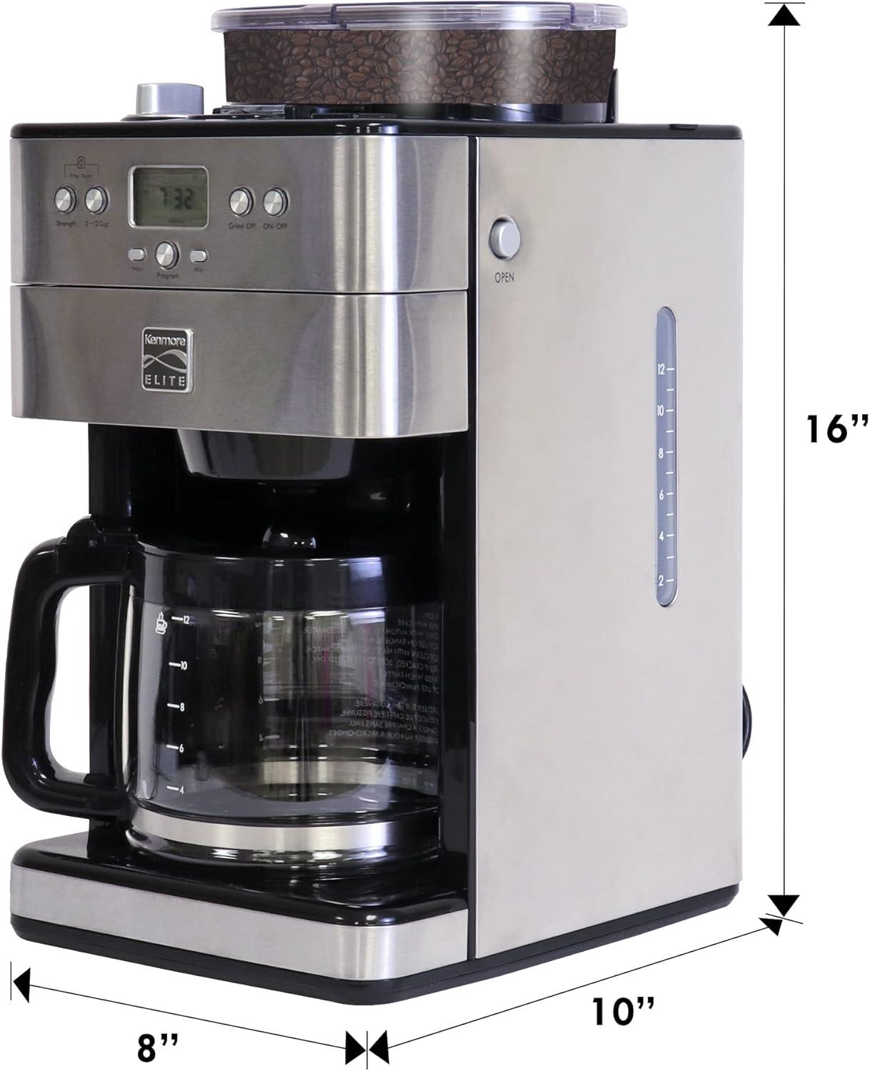 image:imageKenmore Elite Grind and Brew Coffee Maker w Burr Grinder 12 Cup Programmable Automatic Timer Brew Coffee Machine AirTight Bean Hopper Grind Size and Brew Strength Selectors Stainless Steel