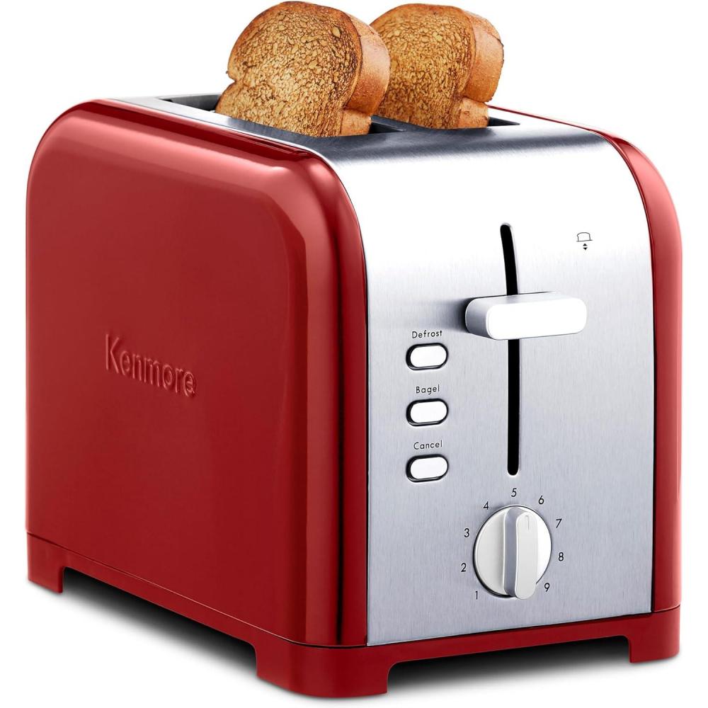 image:imageKenmore 2Slice Toaster Black Stainless Steel Extra Wide Slots Bagel and Defrost Functions 9 Browning Levels Removable Crumb Tray for Bread Toast English Muffin Toaster StrudelRed