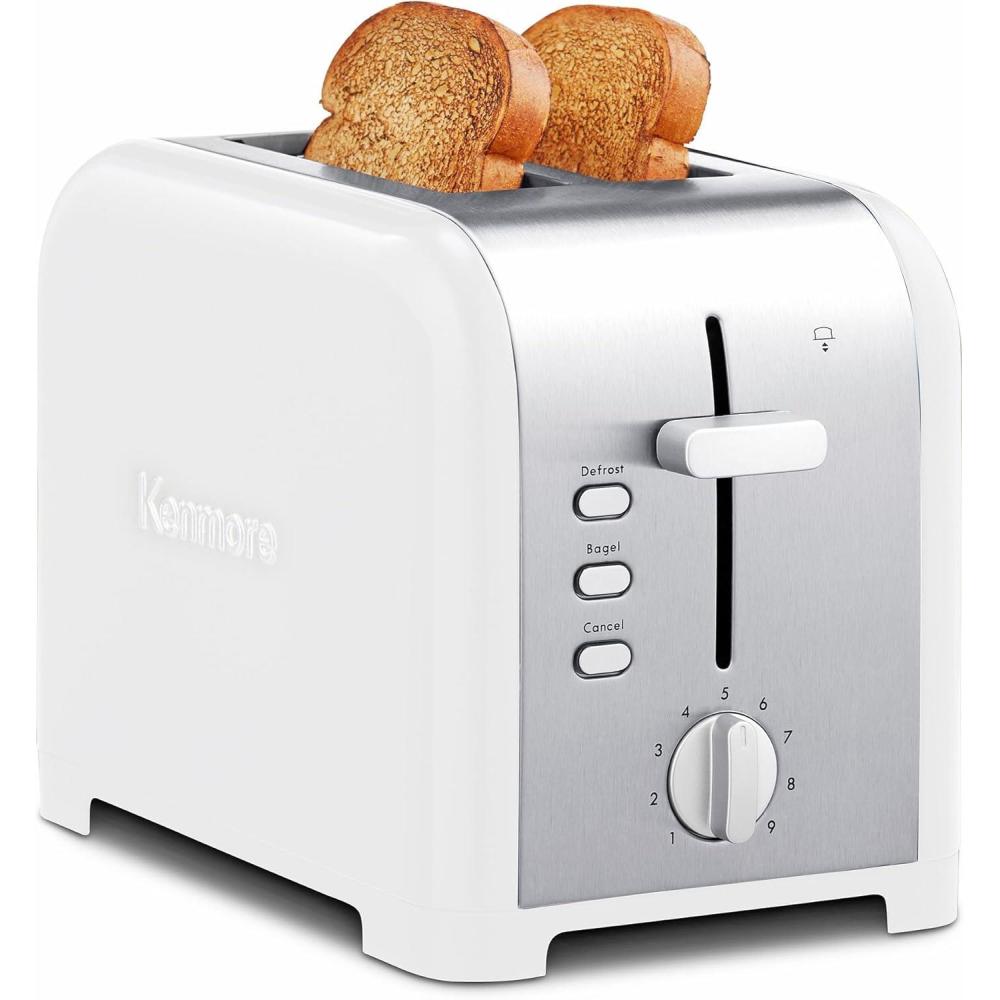 image:imageKenmore 2Slice Toaster Black Stainless Steel Extra Wide Slots Bagel and Defrost Functions 9 Browning Levels Removable Crumb Tray for Bread Toast English Muffin Toaster StrudelWhite