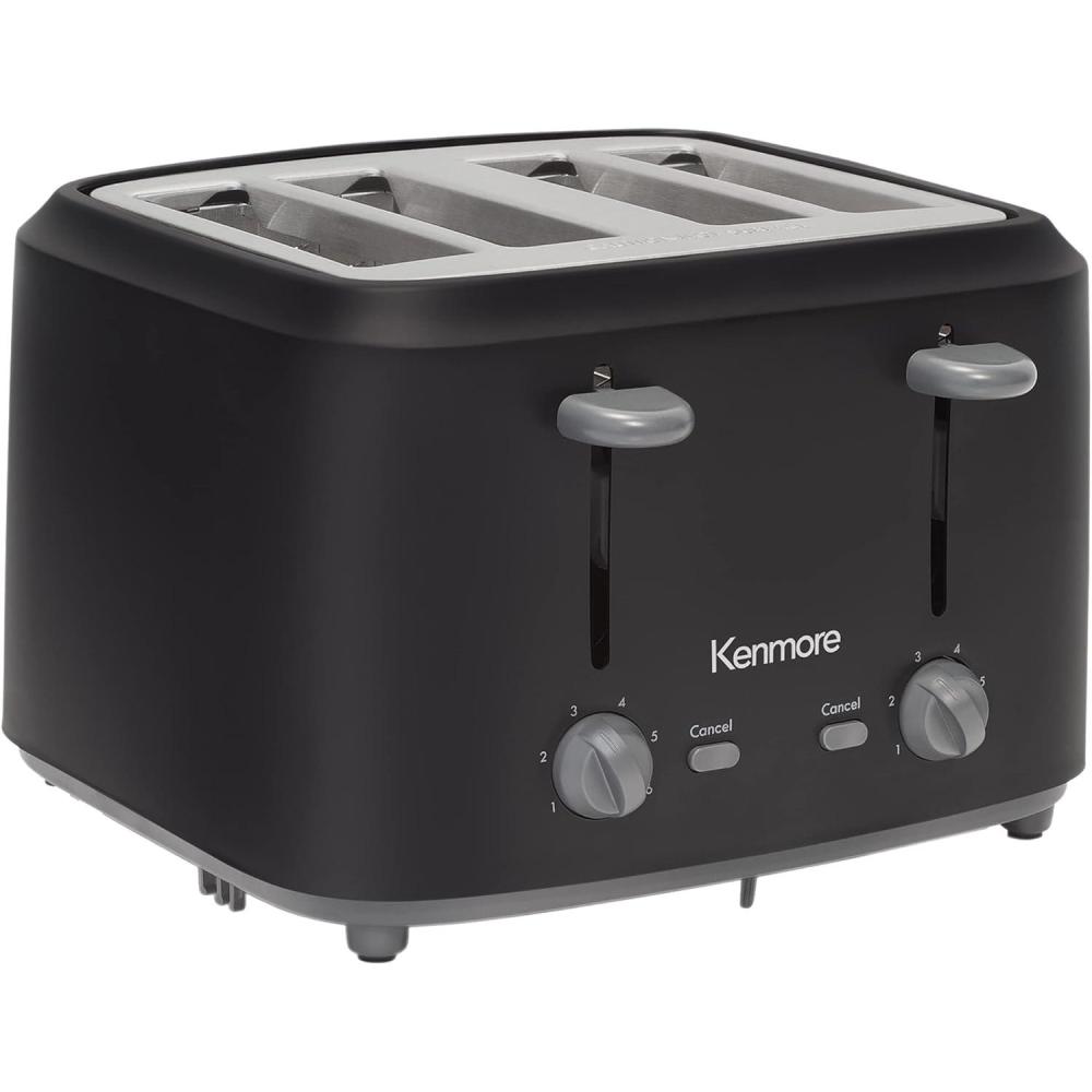 image:imageKenmore 4Slice Toaster with Dual Controls Matte Black and gray Wide Slots SelfAdjusting Bread Guides Adjustable Browning 6 Shade Settings Toast Bagels Waffles English MuffinsSmall