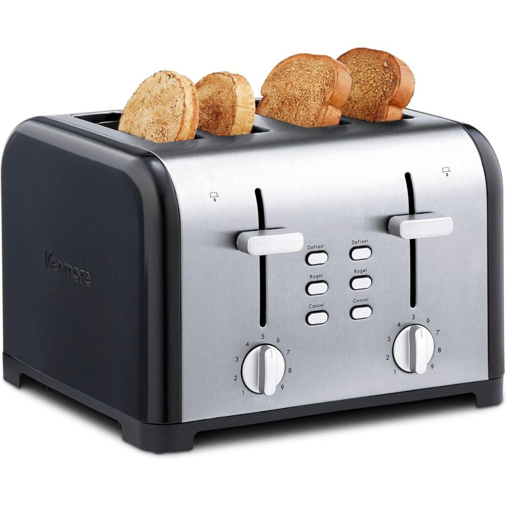 image:imageKenmore Toaster 4 Slice  Extra Wide Slot Countertop Kitchen Appliance Defrost Function GrillePain 9 Shade Settings Compact Design Easy Clean Crumb Tray Bread Bagel Stainless Steel amp RedBlack
