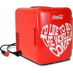 Coca Cola World 1971 Series Portable 6 Can Thermoelectric Mini Fridge Cooler/Warmer, 4 L/4.2 Quarts Capacity, 12V DC/240V AC for Home, Dorm, car, Boat, Beverages, Snacks, Skincare, Cosmetics