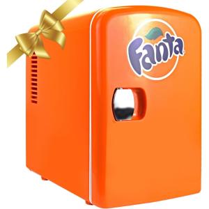 Fanta Mini Fridge – 6 Can Refrigerator for Bedroom Office, Portable Table Top Beverage Cooler, 12V 110V Refrigerador For Drinks, Soda, Wines, Use In Car, Dorm, Outdoor, Patio(Fanta)
