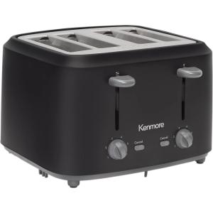 Kenmore 4-Slice Toaster with Dual Controls, Matte Black and gray, Wide Slots, Self-Adjusting Bread Guides, Adjustable Browning, 6 Shade Settings, Toast, Bagels, Waffles, English Muffins(Small)