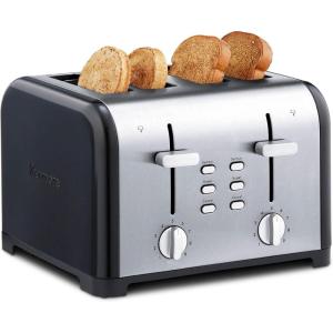 Kenmore Toaster 4 Slice – Extra Wide Slot Countertop Kitchen Appliance, Defrost Function, Grille-Pain, 9 Shade Settings, Compact Design, Easy Clean Crumb Tray, Bread Bagel, Stainless Steel & Red(Black)
