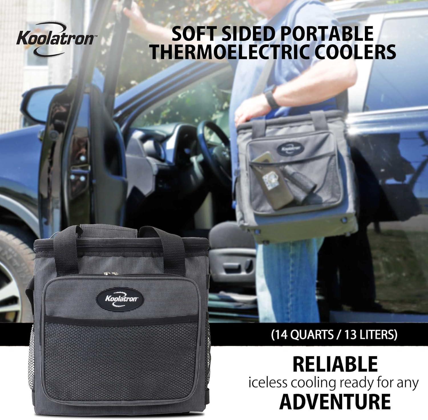 image:imageKoolatron Electric Portable Cooler Plug in 12V Car Cooler Bag 14 qt 13 L BlackGray SoftSided Portable Car Fridge wDC Power Cord Adjustable Shoulder Strap Cord Storage Road Trip