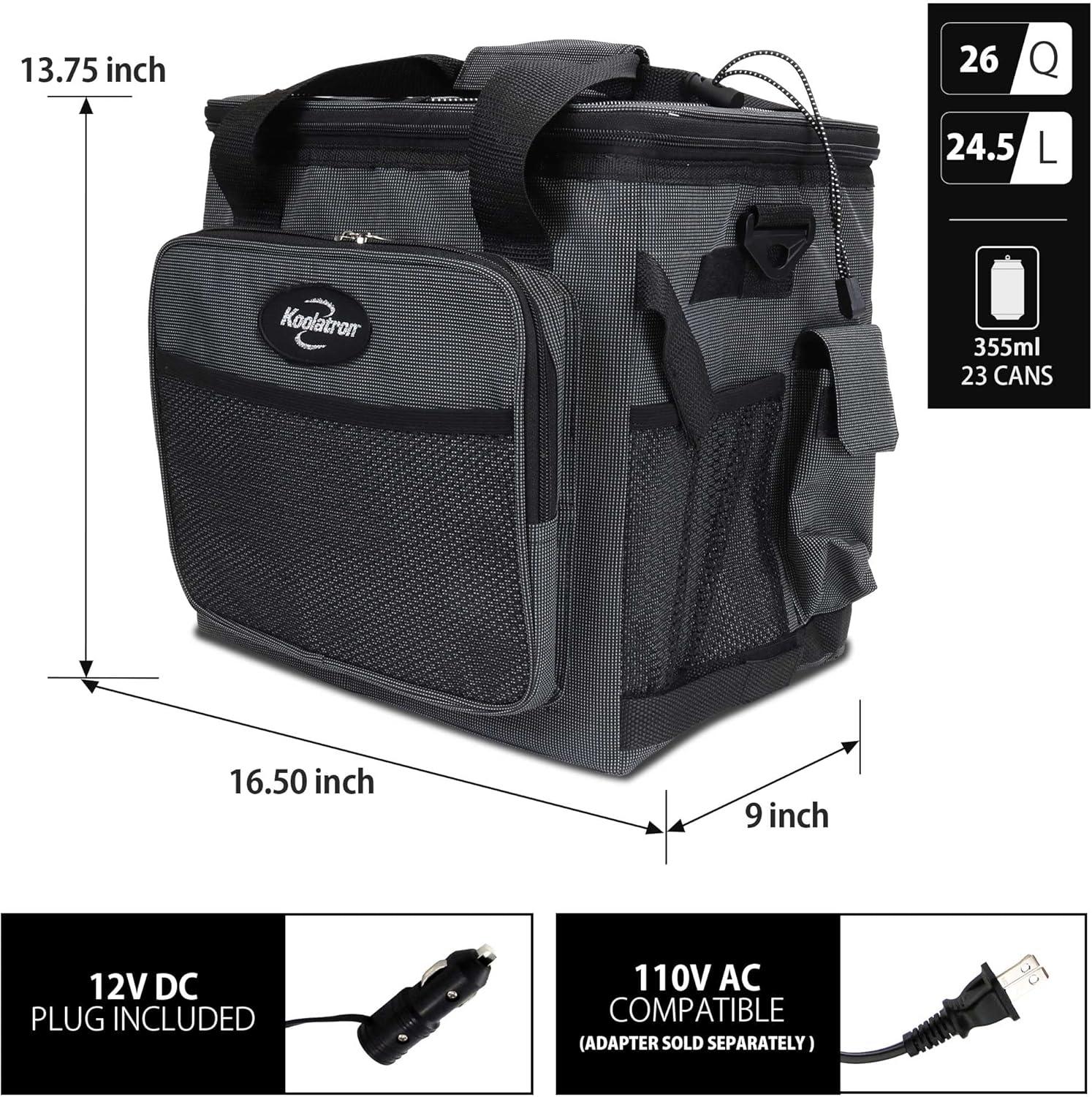 image:imageKoolatron Electric Portable Cooler Plug in 12V Car Cooler Bag 26 qt 25 L BlackGray SoftSided Portable Car Fridge wDC Power Cord Adjustable Shoulder Strap Cord Storage Road Trip