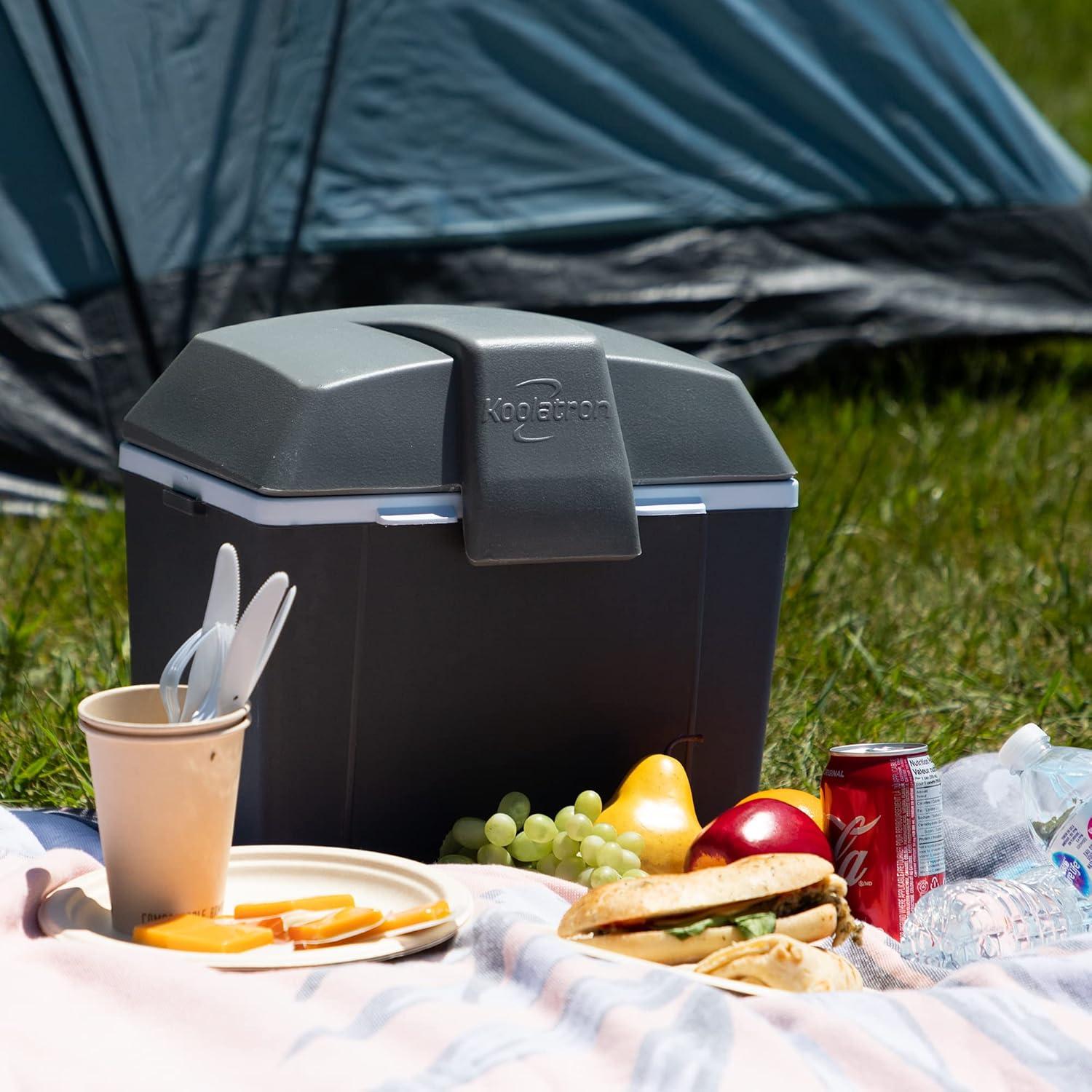 image:imageKoolatron Electric Portable Cooler Plug in 12V Car CoolerWarmer 98 qt 9 L No Ice Thermo Electric portable Fridge for camping Travel Road Trips Trucking with 12 Volt DC Power Cord GrayWhite