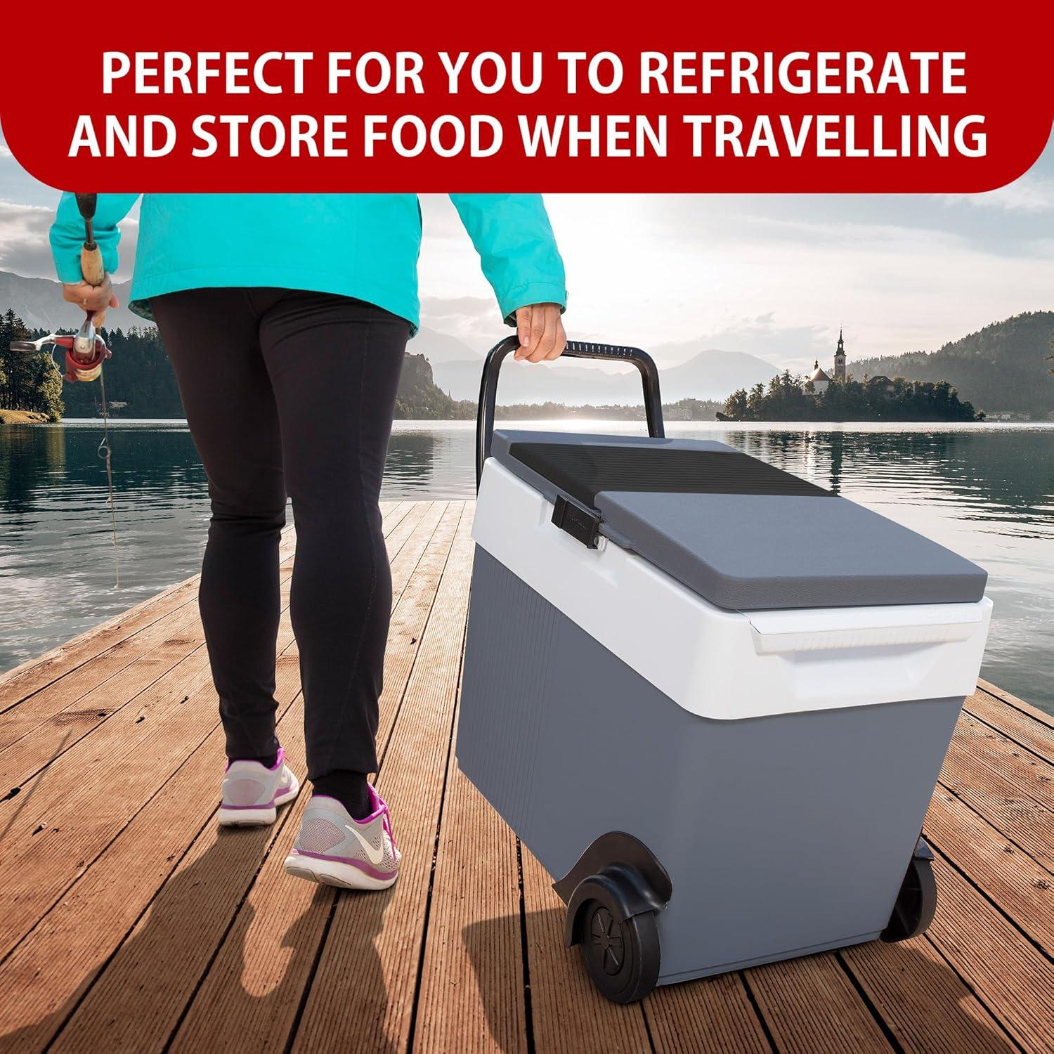 image:imageKoolatron Thermoelectric Iceless 12V CoolerWarmer 33 qt 31 L wWheels Portable Electric Rolling Car Fridge w 12 Volt DC Power Cord GreyWhite Travel Road Trips Camping Made in North AmericaW65