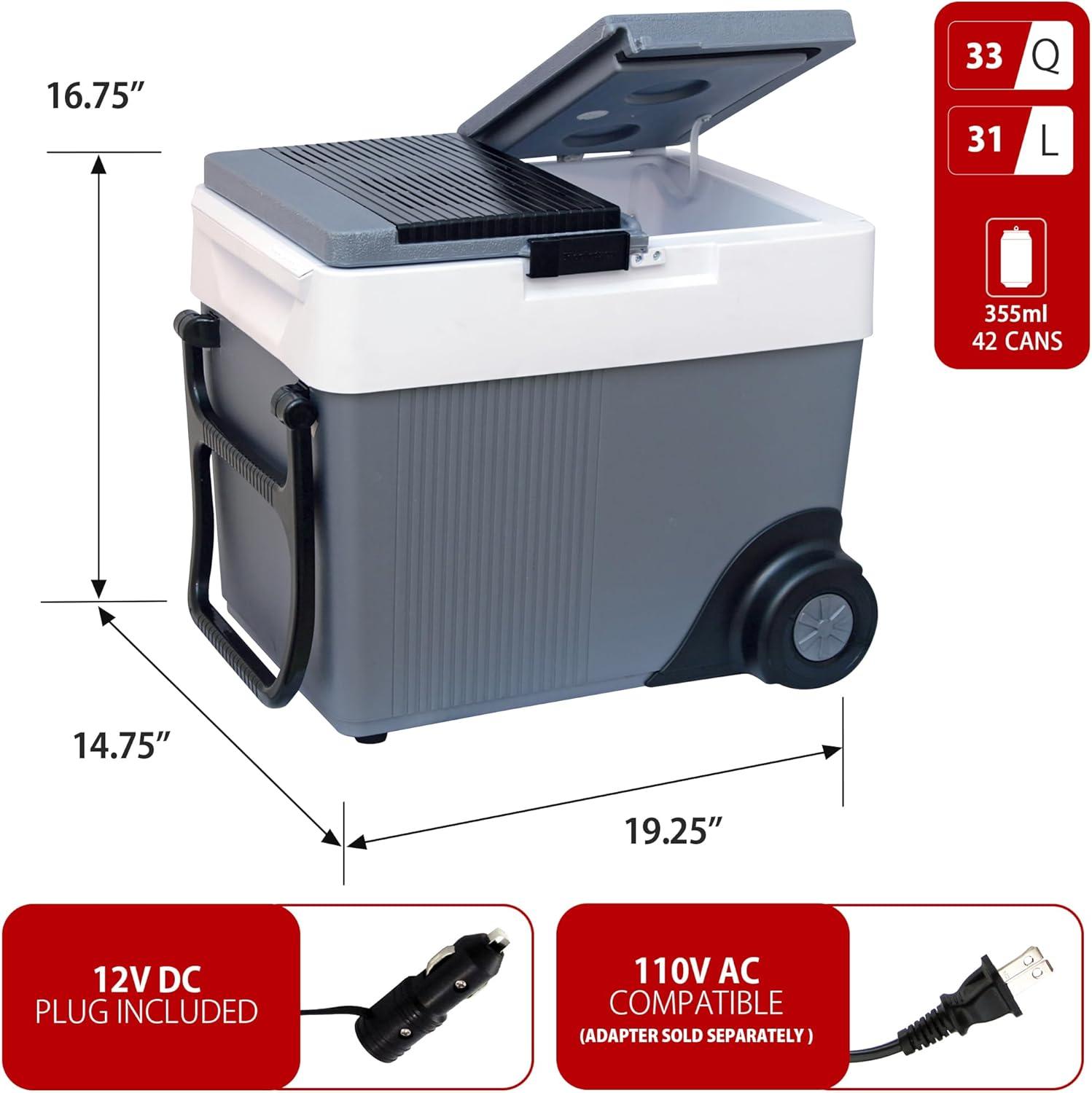 image:imageKoolatron Thermoelectric Iceless 12V CoolerWarmer 33 qt 31 L wWheels Portable Electric Rolling Car Fridge w 12 Volt DC Power Cord GreyWhite Travel Road Trips Camping Made in North AmericaW65
