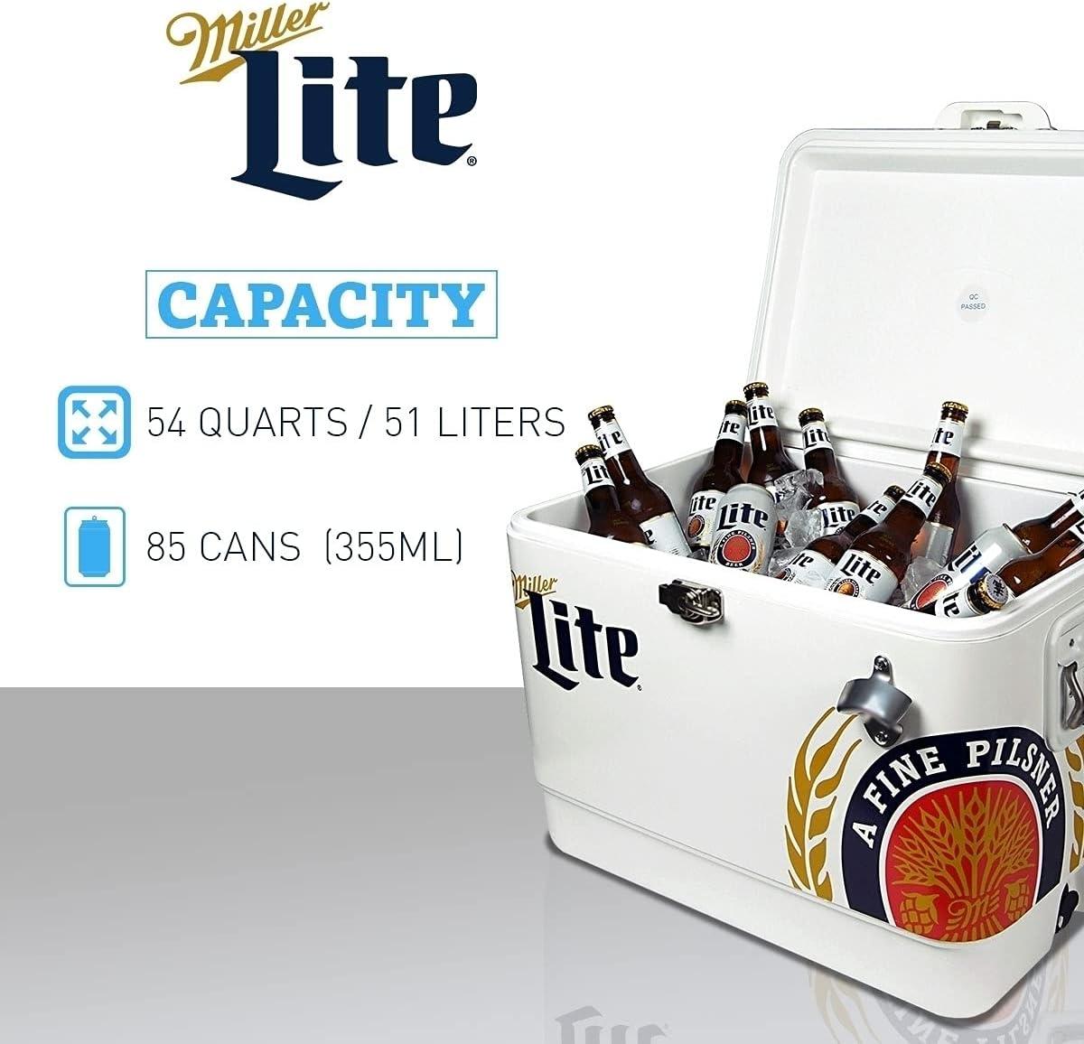 image:imageMiller Light Ice Chest Cooler 85 Can Ice Box Portable Ice Bucket with Bottle Opener Vintage Style Insulated for Camping Beach Picnic RV BBQs Tailgating Fishing SteelBelted 51L 54 qt