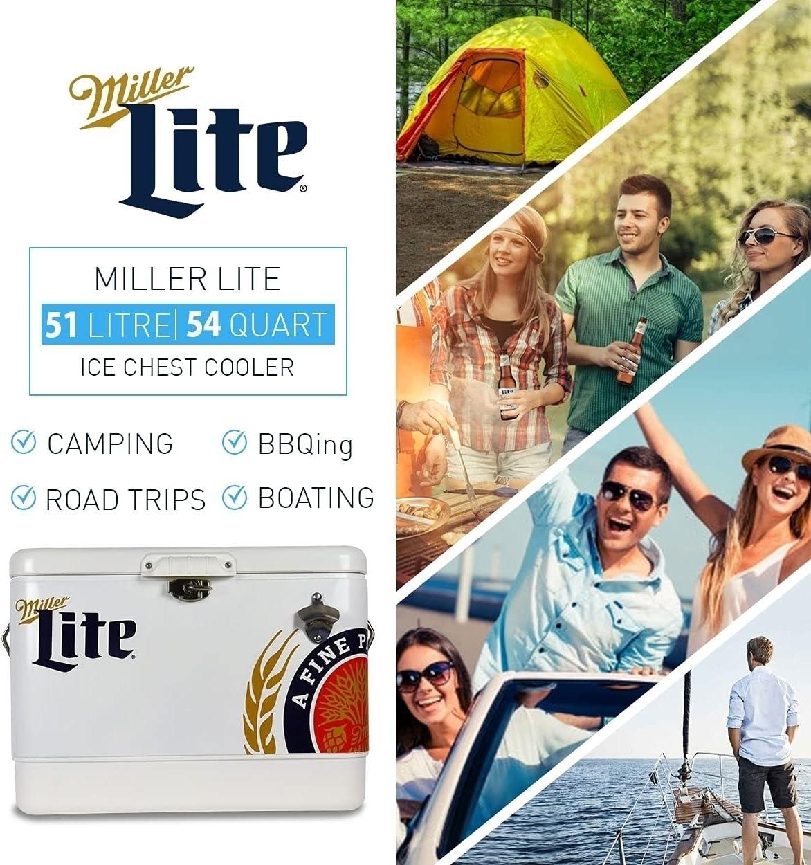 image:imageMiller Light Ice Chest Cooler 85 Can Ice Box Portable Ice Bucket with Bottle Opener Vintage Style Insulated for Camping Beach Picnic RV BBQs Tailgating Fishing SteelBelted 51L 54 qt