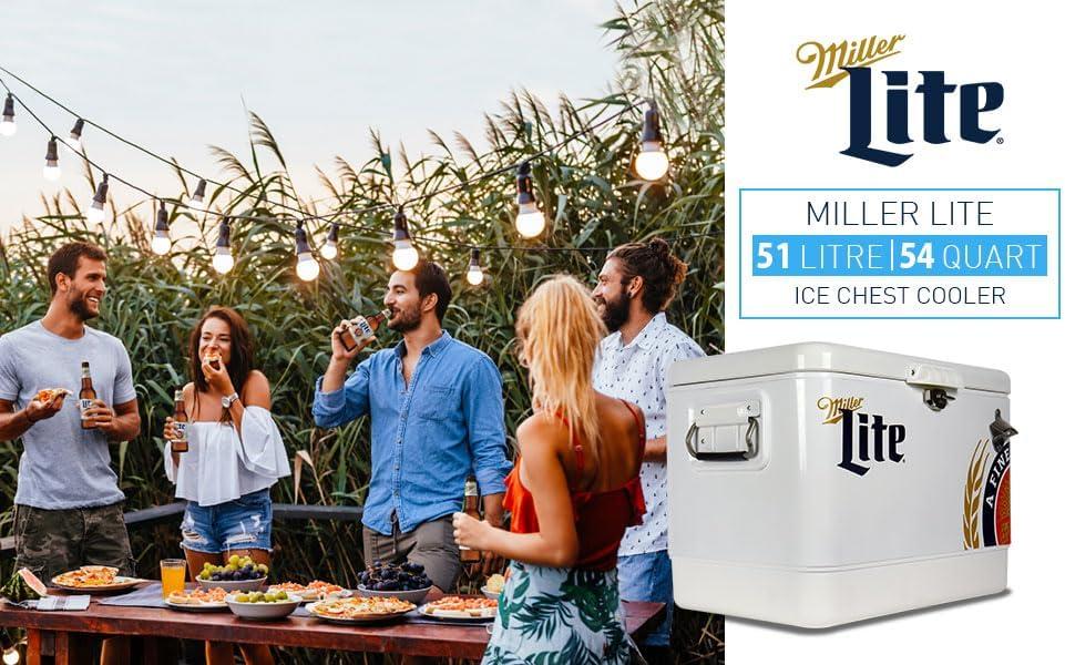 image:imageMiller Light Ice Chest Cooler Portable Ice Bucket with Bottle Opener Vintage Style Insulated for Camping Beach Picnic RV BBQs Tailgating Fishing SteelBelted 85 Can Ice Box 51L 54 qt