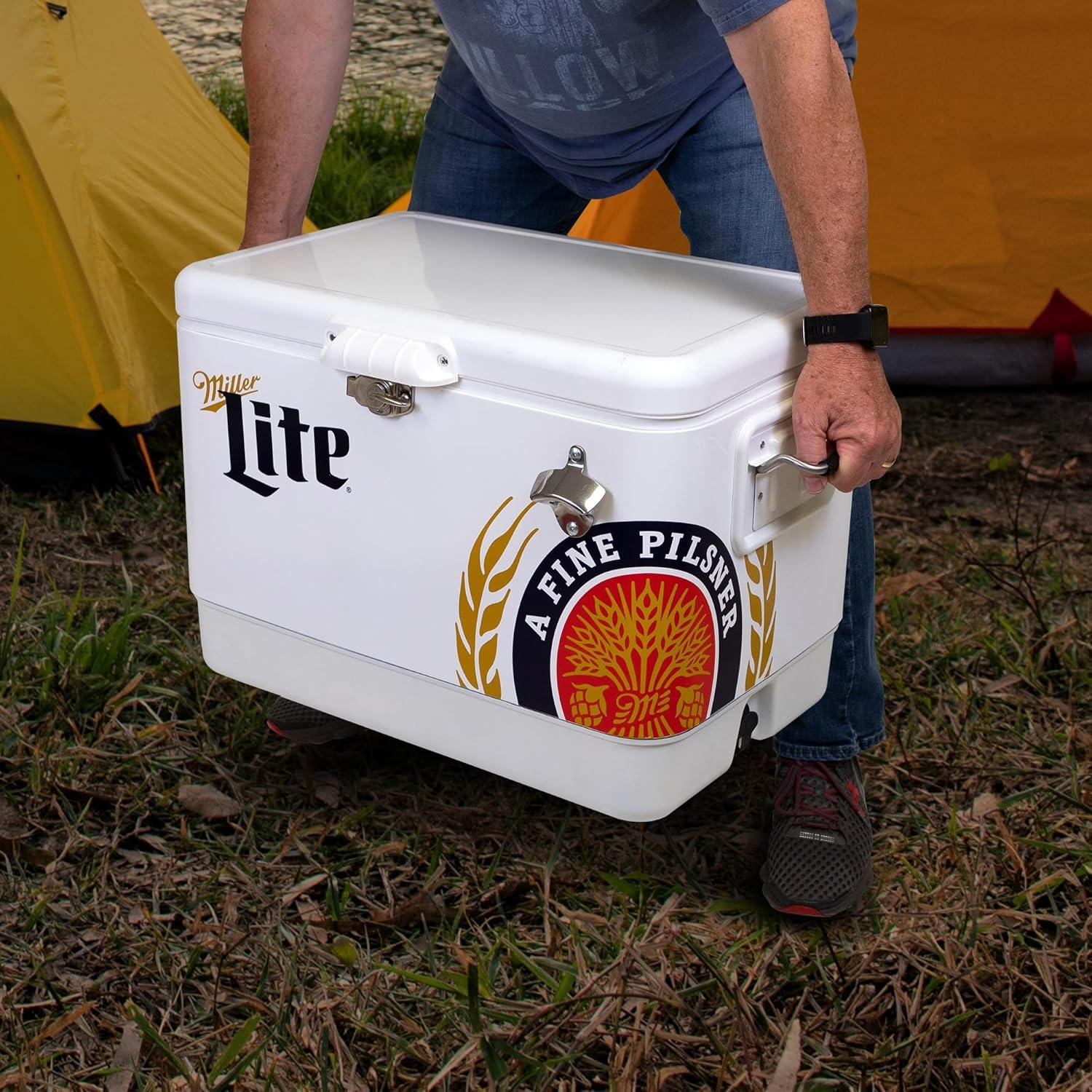 image:imageMiller Light Ice Chest Cooler Portable Ice Bucket with Bottle Opener Vintage Style Insulated for Camping Beach Picnic RV BBQs Tailgating Fishing SteelBelted 85 Can Ice Box 51L 54 qt