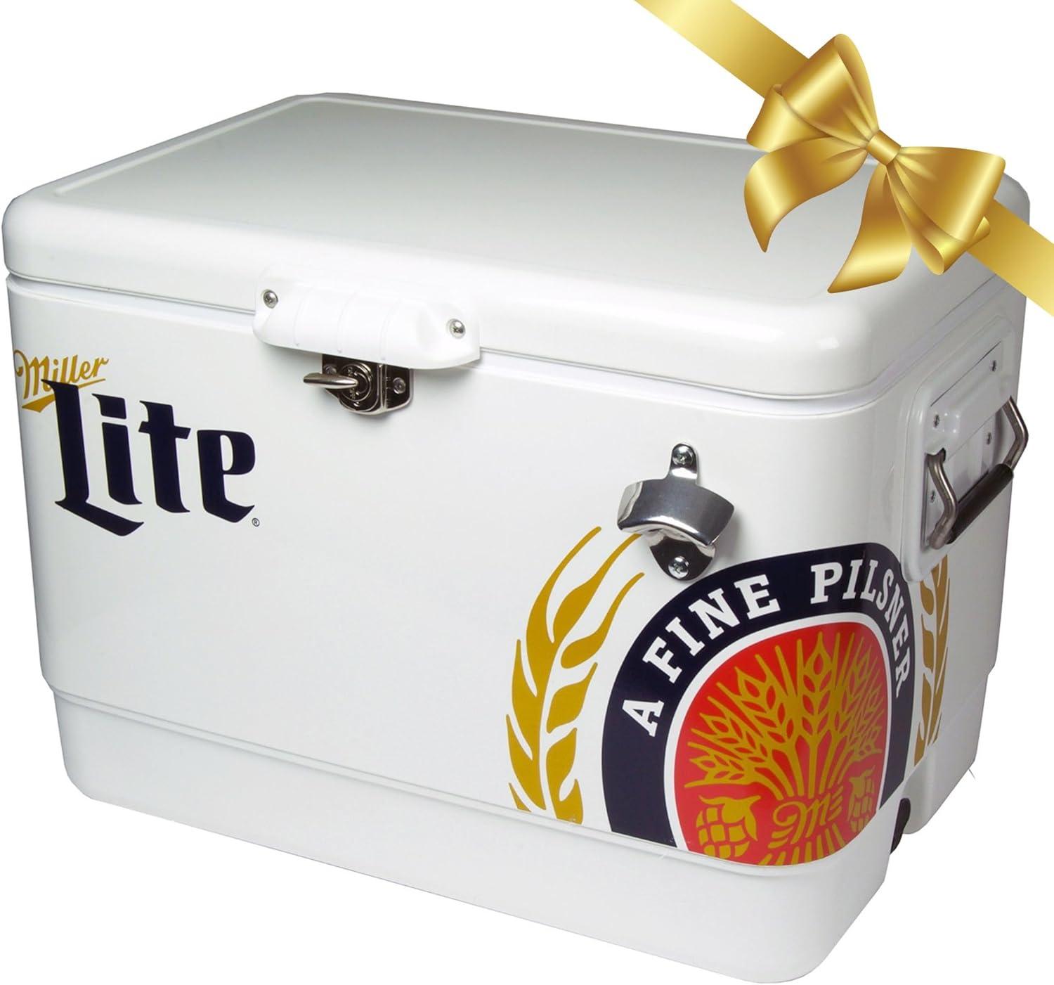 image:imageMiller Light Ice Chest Cooler Portable Ice Bucket with Bottle Opener Vintage Style Insulated for Camping Beach Picnic RV BBQs Tailgating Fishing SteelBelted 85 Can Ice Box 51L 54 qt