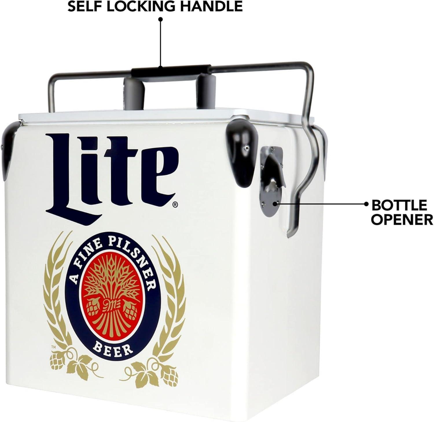 image:imageMiller Light Retro Ice Chest Cooler 18 Can Ice Box Portable Ice Bucket with Bottle Opener Vintage Style Insulated for Camping Beach Picnic RV BBQs Tailgating Fishing 13L 14 qt