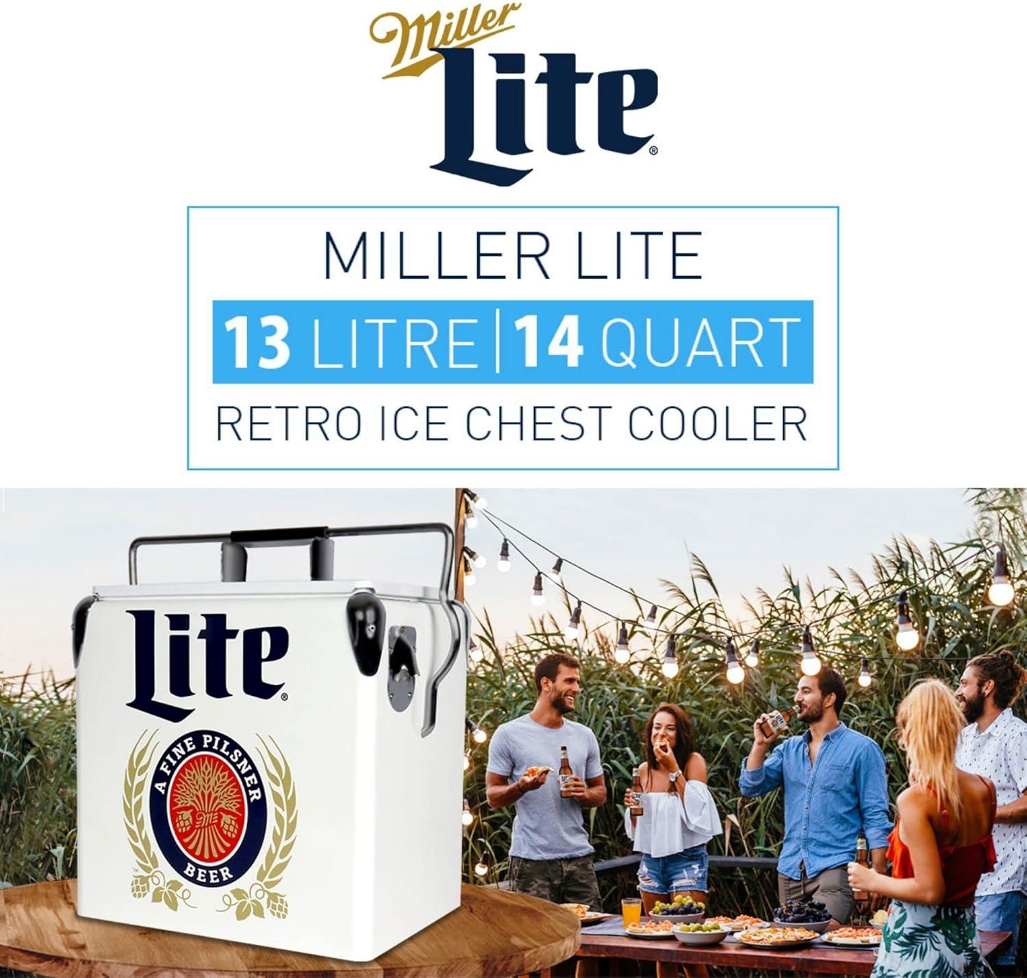 image:imageMiller Light Retro Ice Chest Cooler 18 Can Ice Box Portable Ice Bucket with Bottle Opener Vintage Style Insulated for Camping Beach Picnic RV BBQs Tailgating Fishing 13L 14 qt