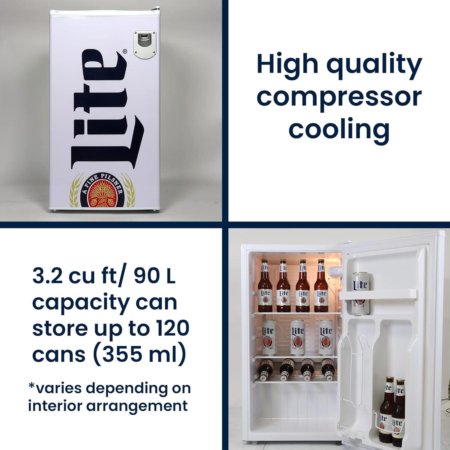 image:imageMiller Lite Koolatron Compact Fridge Bottle Opener 90 L 95 Quart 32 Cubic Foot for Snacks Frozen Meals Beverages Juice Beer Den Dorm Office Games Room or RV