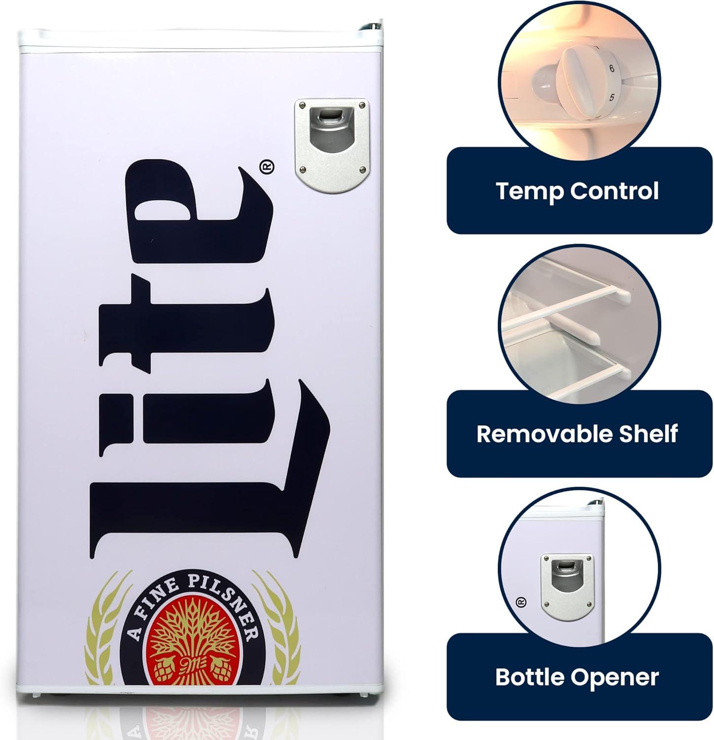 image:imageMiller Lite Koolatron Compact Fridge Bottle Opener 90 L 95 Quart 32 Cubic Foot for Snacks Frozen Meals Beverages Juice Beer Den Dorm Office Games Room or RV