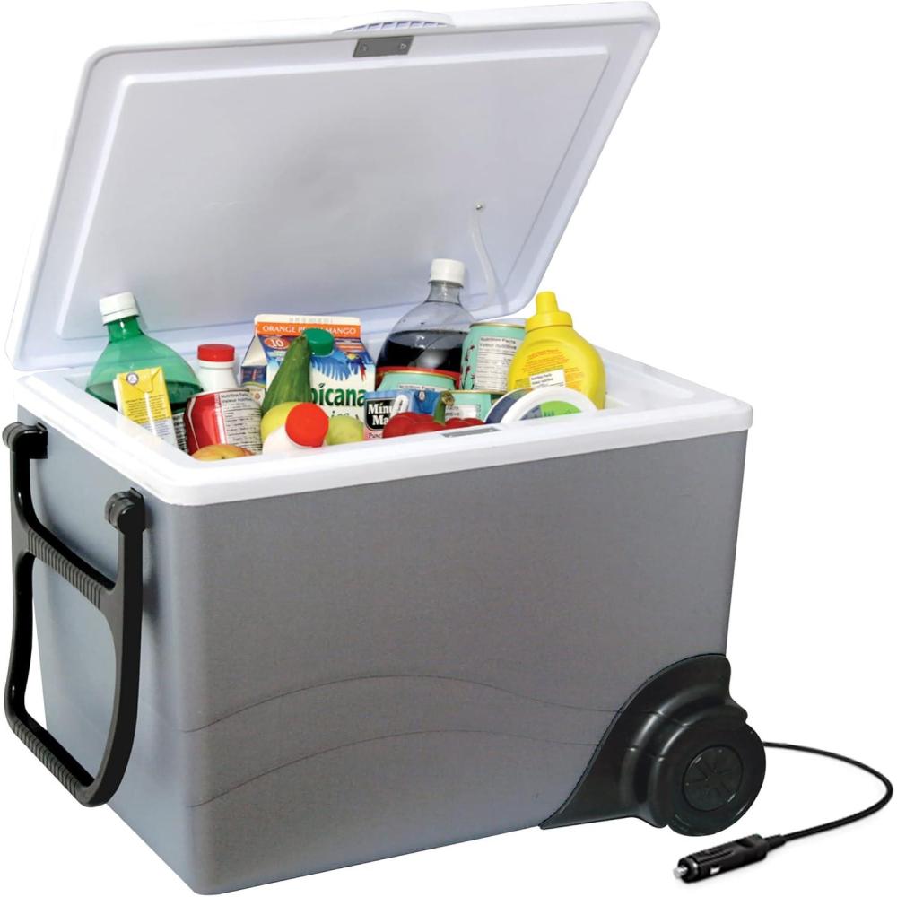 image:imageKoolatron Thermoelectric Iceless 12V CoolerWarmer 33 qt 31 L wWheels Portable Electric Rolling Car Fridge w 12 Volt DC Power Cord GreyWhite Travel Road Trips Camping Made in North AmericaWheeled