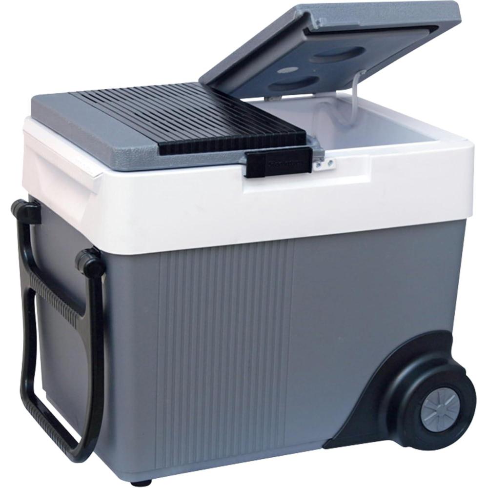 image:imageKoolatron Thermoelectric Iceless 12V CoolerWarmer 33 qt 31 L wWheels Portable Electric Rolling Car Fridge w 12 Volt DC Power Cord GreyWhite Travel Road Trips Camping Made in North AmericaW65