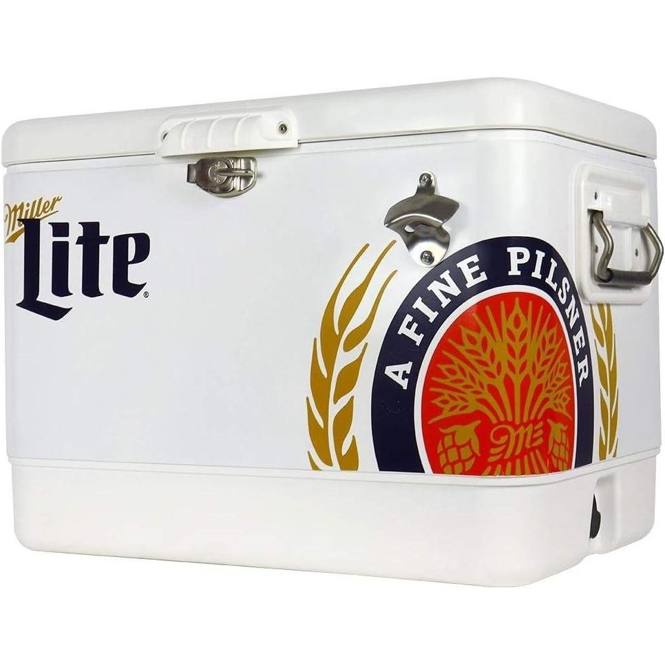image:imageMiller Light Ice Chest Cooler  85 Can Ice Box Portable Ice Bucket with Bottle Opener Vintage Style Insulated for Camping Beach Picnic RV BBQs Tailgating Fishing SteelBelted 51L 54 qt