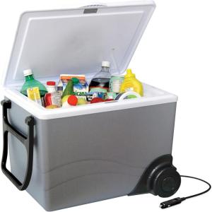 Koolatron Thermoelectric Iceless 12V Cooler/Warmer 33 qt (31 L) w/Wheels, Portable Electric Rolling Car Fridge w/ 12 Volt DC Power Cord, Grey/White, Travel Road Trips Camping, Made in North America(Wheeled)
