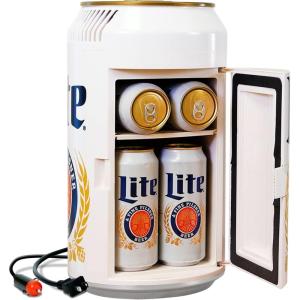 Miller Lite 8 Can Thermoelectric Mini Fridge 5.4 L/ 5.7 Quarts Capacity, 12V DC/110V AC cooler for home, den, dorm, cottage, cabin, beer, beverages, snacks, skincare, cosmetics, medication