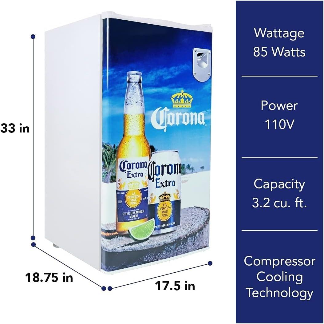 image:imageCorona Compact Fridge with Bottle Opener 90 L 95 Quart 32 Cubic Foot for Snacks Beverages Juice Beer Den Dorm Office Games Room or RV