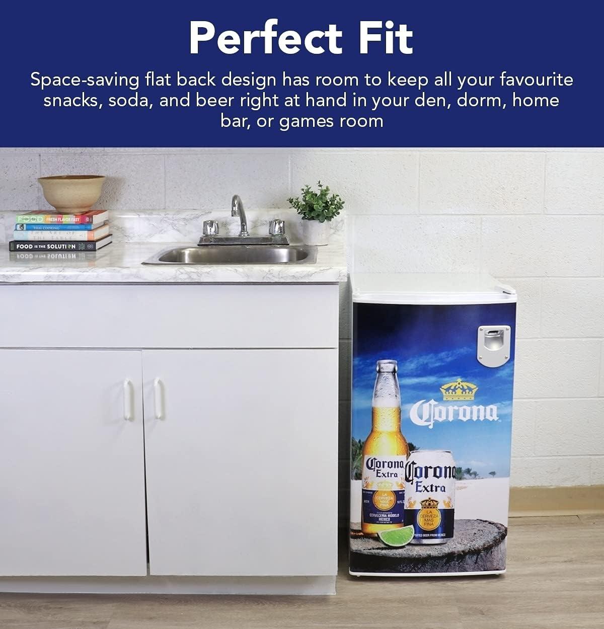 image:imageCorona Compact Fridge with Bottle Opener 90 L 95 Quart 32 Cubic Foot for Snacks Beverages Juice Beer Den Dorm Office Games Room or RV