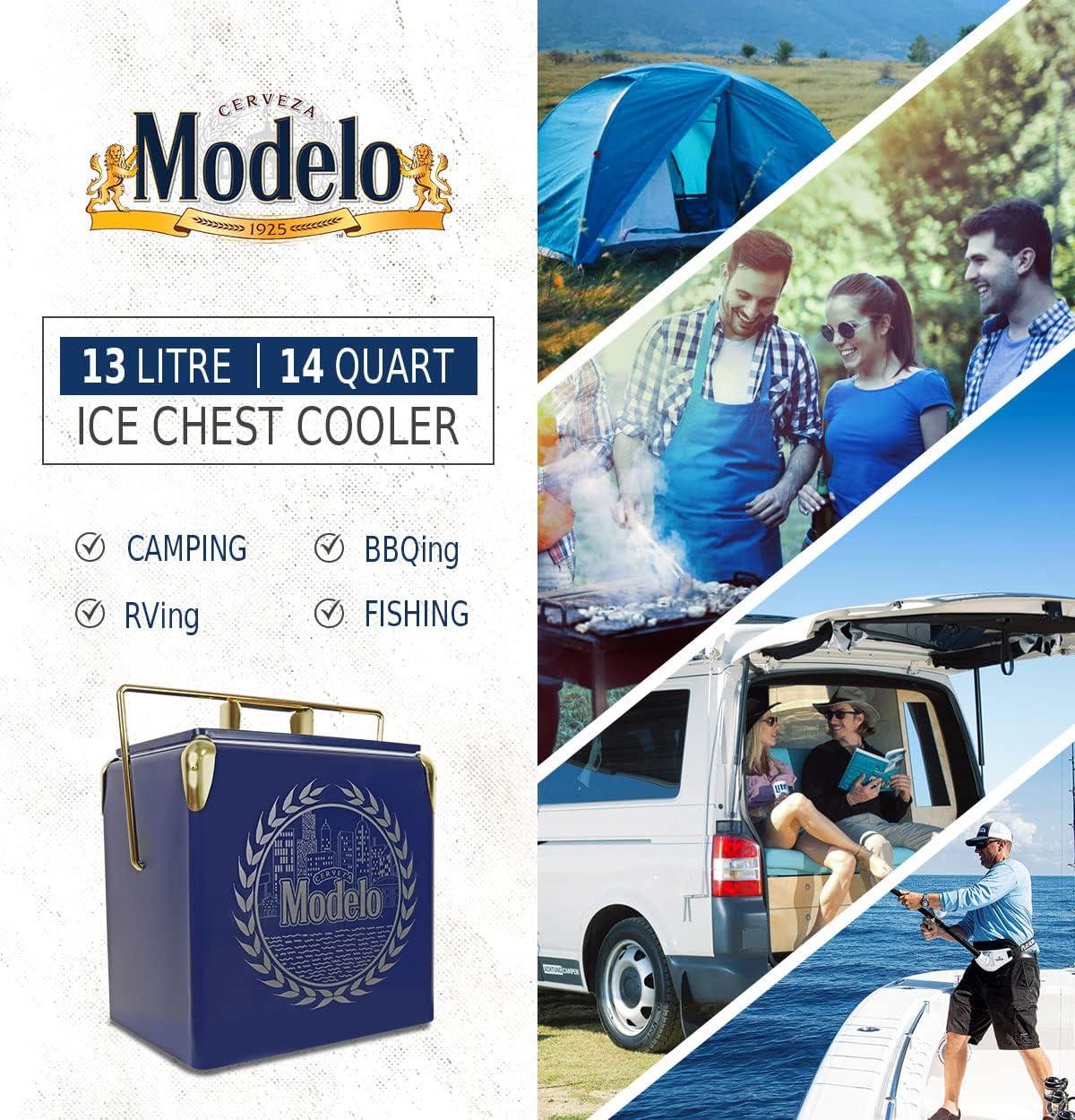 image:imageModelo Retro Ice Chest Cooler with Bottle Opener 13L 14 qt 18 Can Capacity Blue and Gold Vintage Style Ice Bucket for Camping Beach Picnic RV BBQs Tailgating Fishing