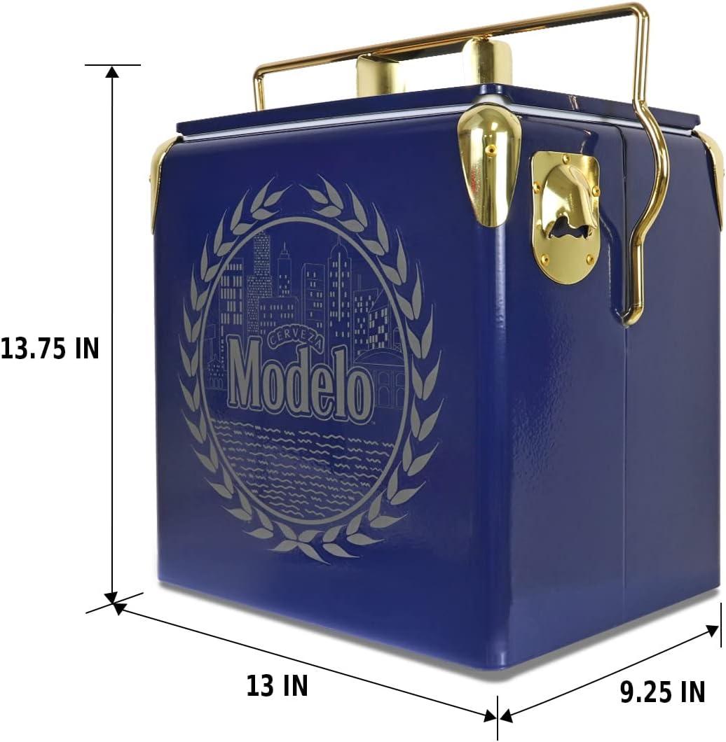 image:imageModelo Retro Ice Chest Cooler with Bottle Opener 13L 14 qt 18 Can Capacity Blue and Gold Vintage Style Ice Bucket for Camping Beach Picnic RV BBQs Tailgating Fishing