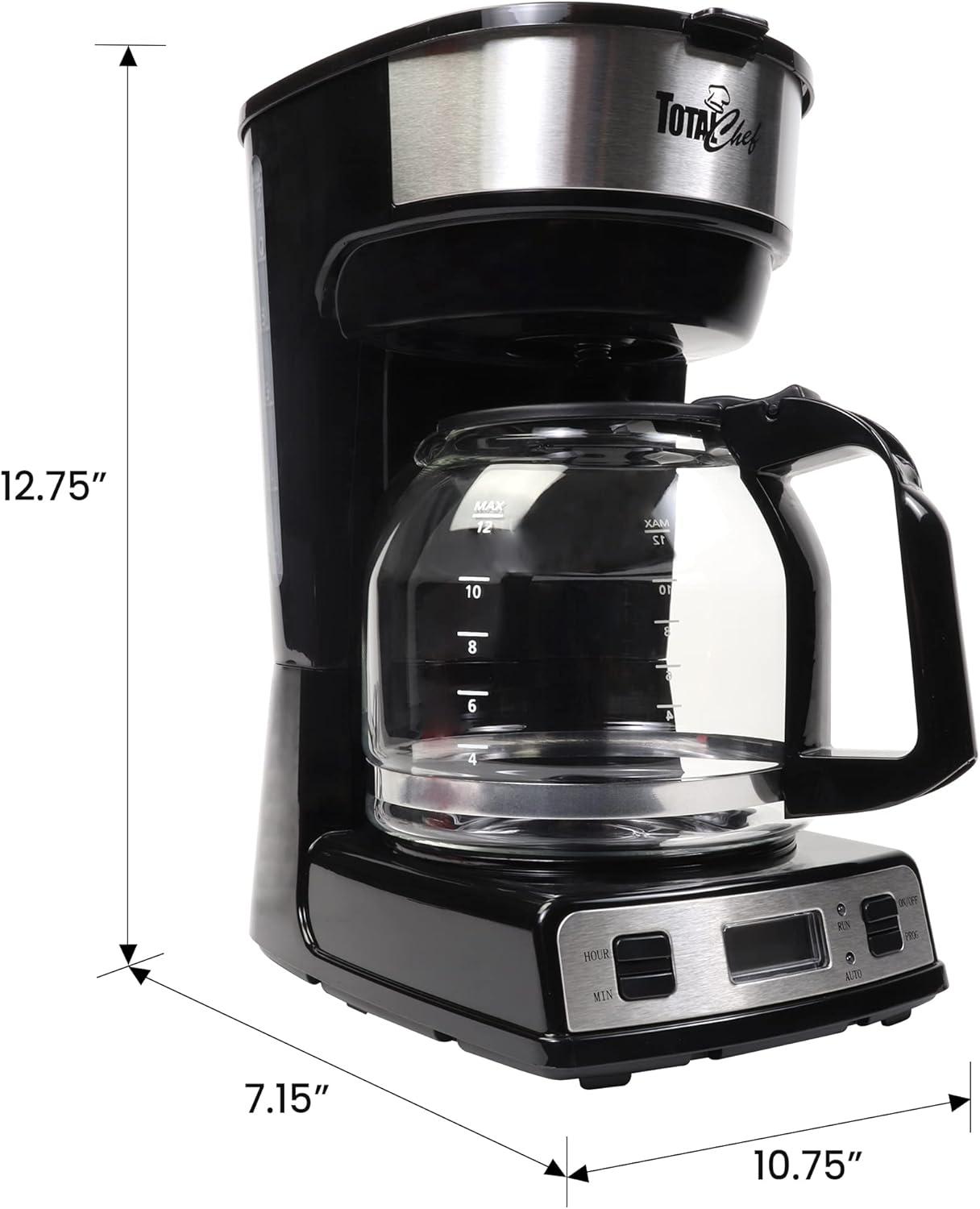 image:imageTotal Chef Drip Coffee Maker 12Cup Programmable Coffee Machine With Glass Pot Pause and Pour Auto ShutOff Large Water Reservoir Reusable Filter Dishwasher Safe Carafe Percoladora de Caf