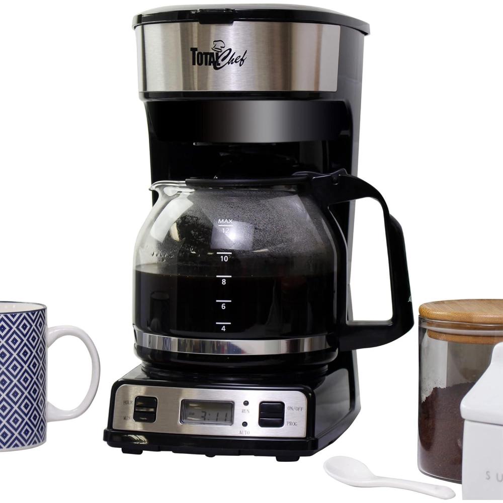 image:imageTotal Chef Drip Coffee Maker 12Cup Programmable Coffee Machine With Glass Pot Pause and Pour Auto ShutOff Large Water Reservoir Reusable Filter Dishwasher Safe Carafe Percoladora de Caf