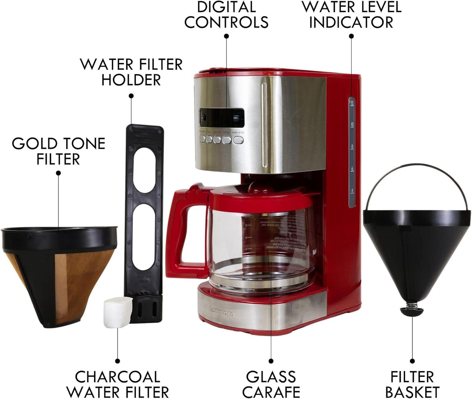 image:imageKenmore Drip Coffee Maker Programmable Cafe Machine With Glass Pot Regular amp Bold Brew Auto Shut Off Large Water Reservoir Reusable Filter Kitchen Appliances For Cafeteria Barista 12 Cup BlackStainless SteelRed
