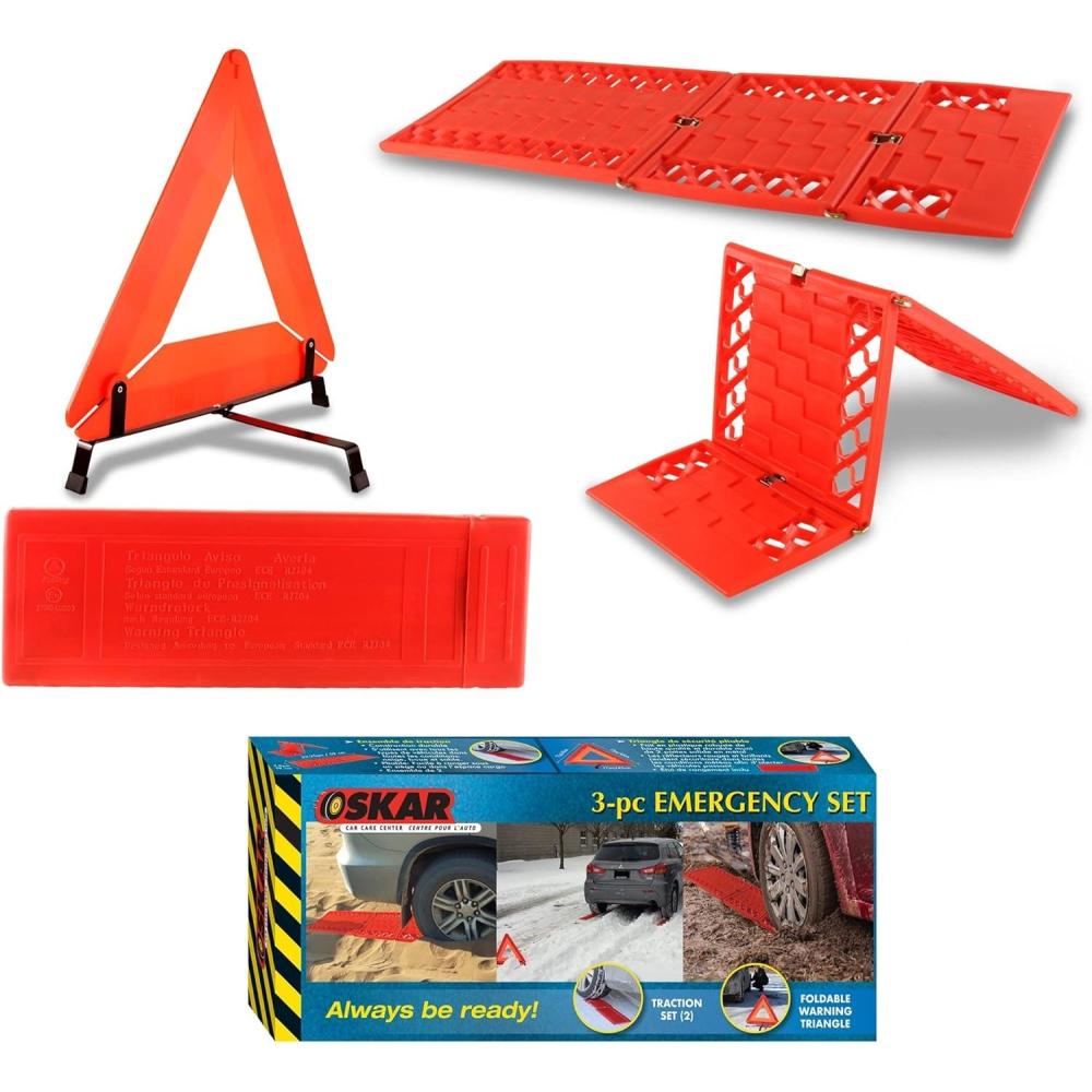 image:imageKoolatron Oskar Emergency Roadside Kit 3Piece Vehicle Safety Set with Folding Tire Traction Mats amp Reflective Warning Triangle Car SUV Truck Essentials for Snow Ice Mud Sand