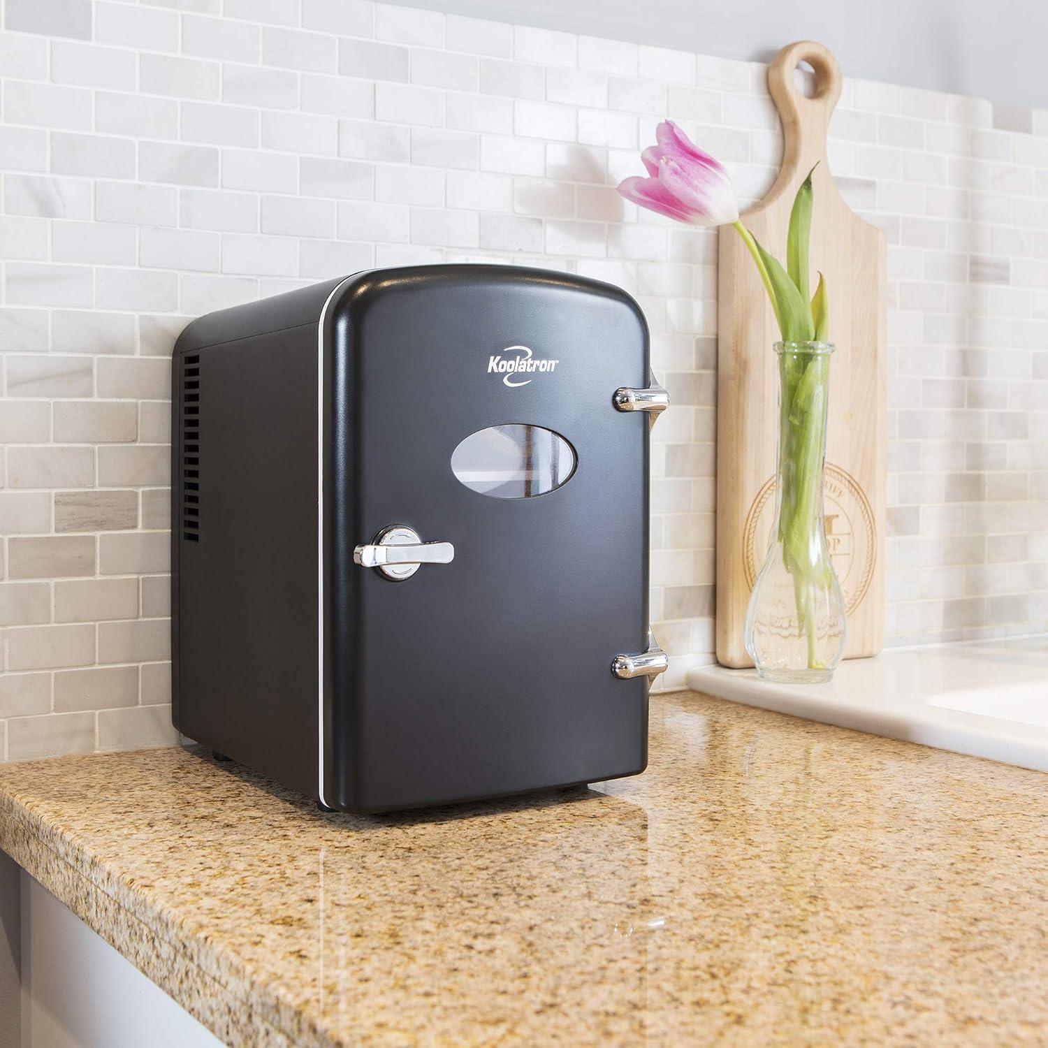 image:imageKoolatron Mini Fridge Black Refrigerator 6 Can Portable Cooler for Bedroom Office Dorm Car Compact Fridge for Drinks Makeup Skincare Dual Power 12V 110VBlack