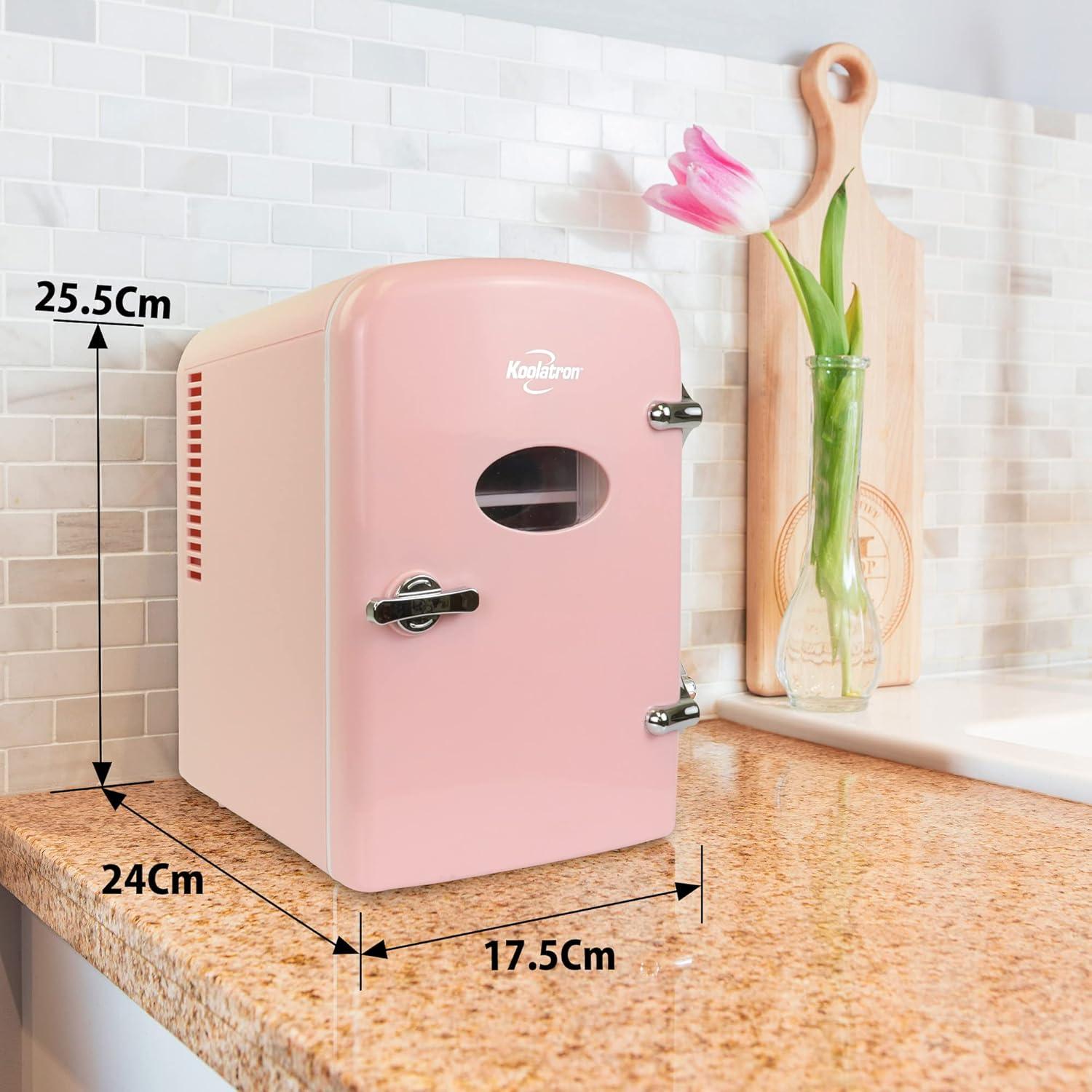 image:imageKoolatron Mini Fridge Black Refrigerator 6 Can Portable Cooler for Bedroom Office Dorm Car Compact Fridge for Drinks Makeup Skincare Dual Power 12V 110VPink