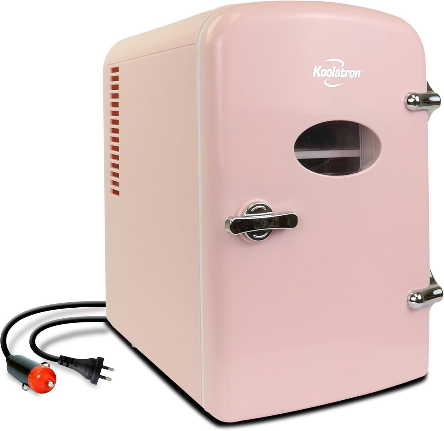 image:imageKoolatron Mini Fridge Black Refrigerator 6 Can Portable Cooler for Bedroom Office Dorm Car Compact Fridge for Drinks Makeup Skincare Dual Power 12V 110VPink