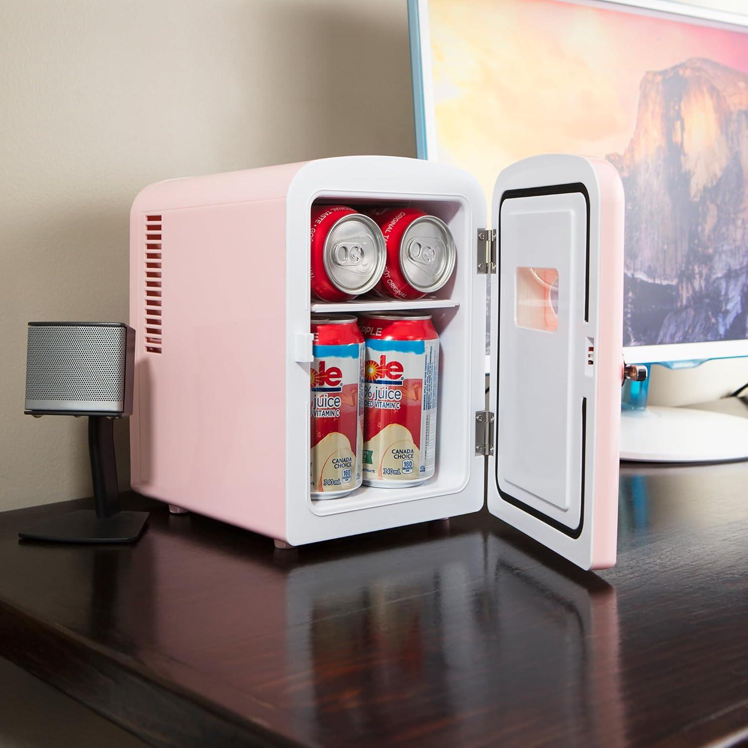 image:imageKoolatron Mini Fridge Black Refrigerator 6 Can Portable Cooler for Bedroom Office Dorm Car Compact Fridge for Drinks Makeup Skincare Dual Power 12V 110VPink