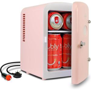 Koolatron Mini Fridge – 6 Can Refrigerator for Bedroom Office, Portable Table Top Beverage Cooler, 12V 110V Refrigerador For Drinks, Soda, Wine, Use In Car, Dorm, Outdoor, Patio(Pink)